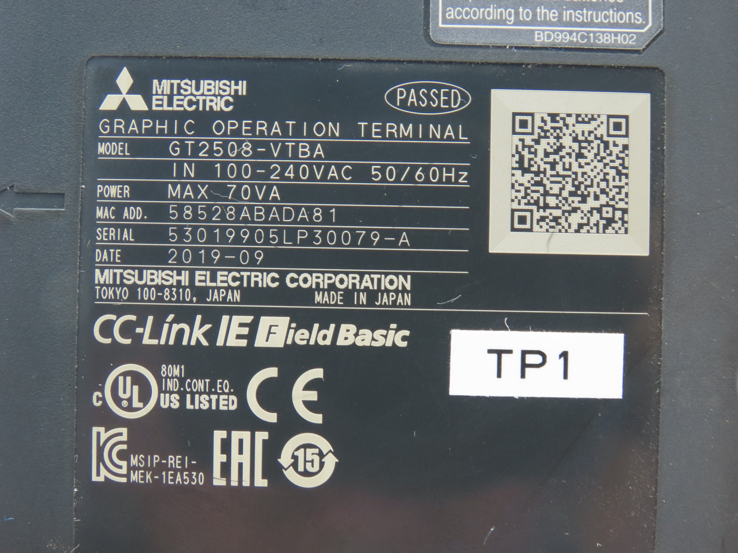 Mitsubishi GT2508-VTBA 8.4" VGA Color Touch Panel 640x480p 120/208/220/230vac