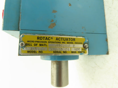 Micro Precision MPR 3-22V-OIL Rotac Hydraulic Rotary Actuator Dual Shaft 1000psi