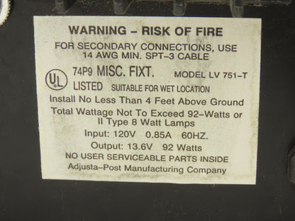 Evening Reflections LV 751-T Landscape Lighting LV Transformer Timer 13.6V 92W