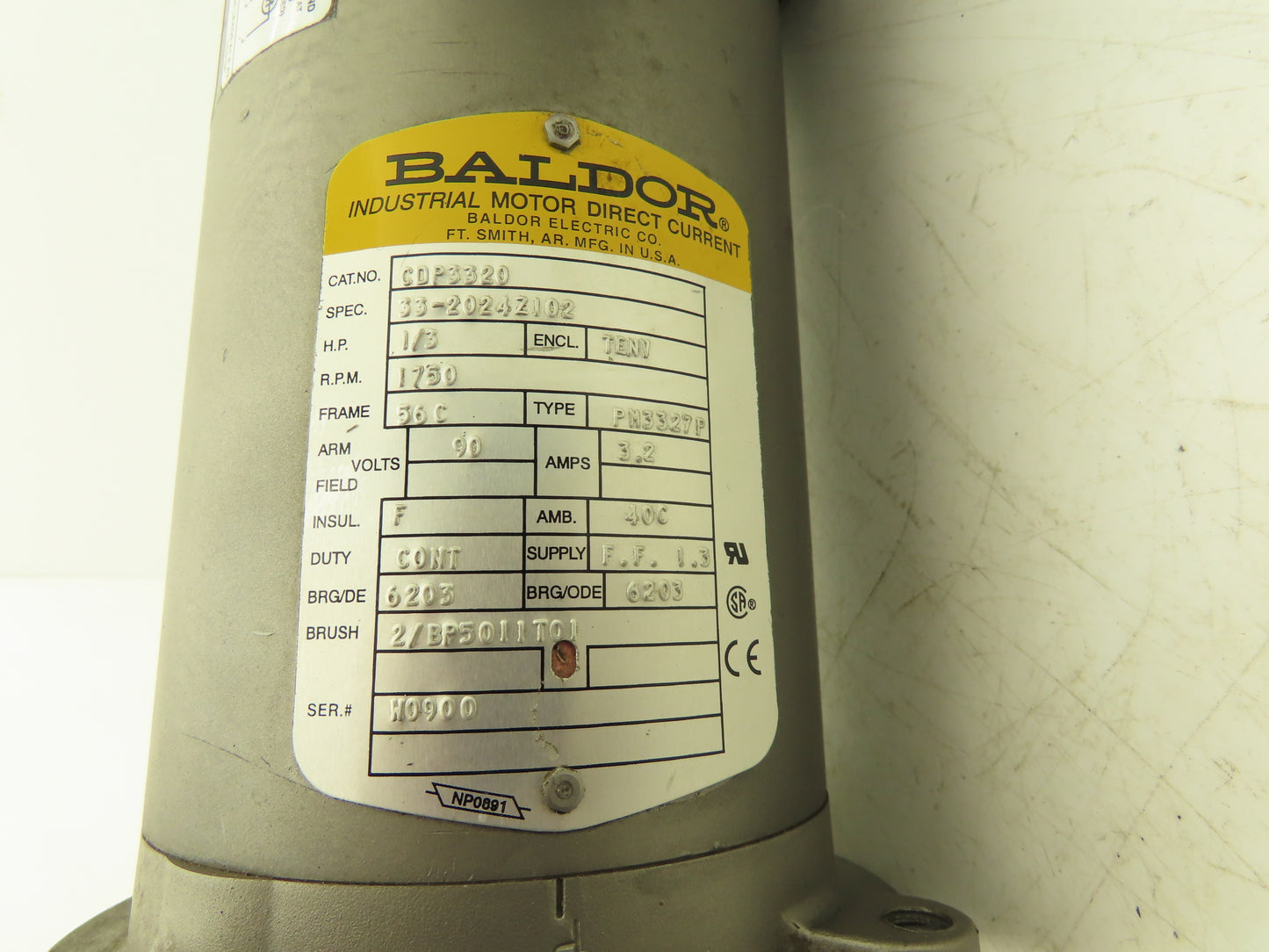 Baldor Electric CDP3320 DC Motor 90VDC 1/3Hp 1750rpm 3.2A TENV 56C PM3327P