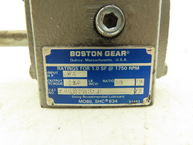 Boston Gear F71320B5J Worm Gearbox 20:1 Ratio Reducer .45Hp 88rpm RH 56C