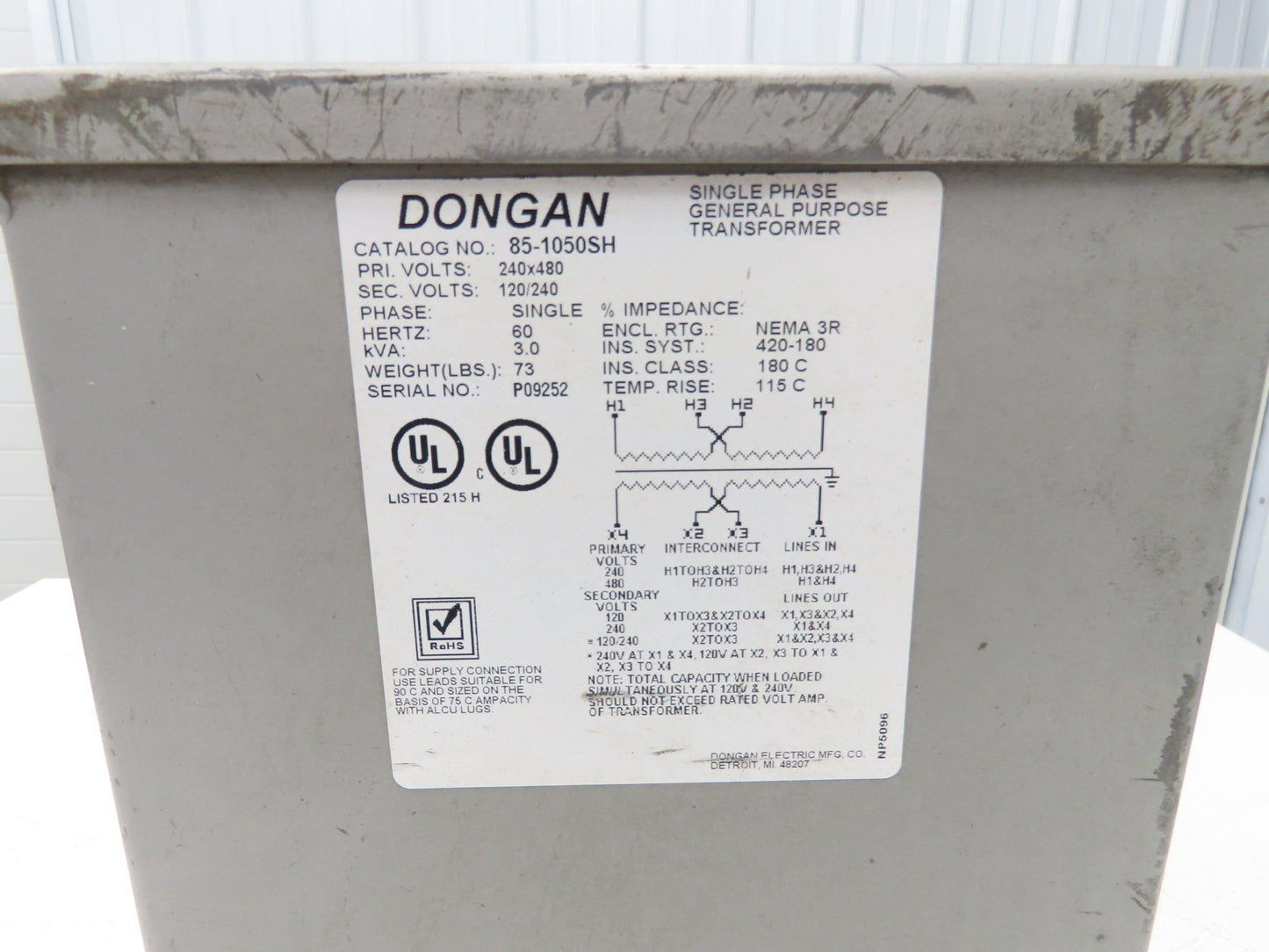 Dongan 85-1050SH Transformer 3KVA 1PH 240v/480v Pri 120v/240v Sec Wall Mount