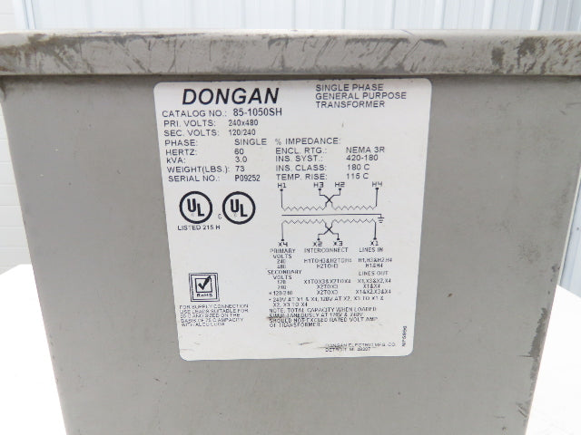 Dongan 85-1050SH Transformer 3KVA 1PH 240v/480v Pri 120v/240v Sec Wall Mount