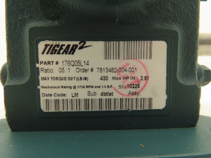 Dodge Tigear 2  176Q05L14 Worm Gearbox 5:1 Ratio Reducer 2.6Hp 350rpm LH 140TC