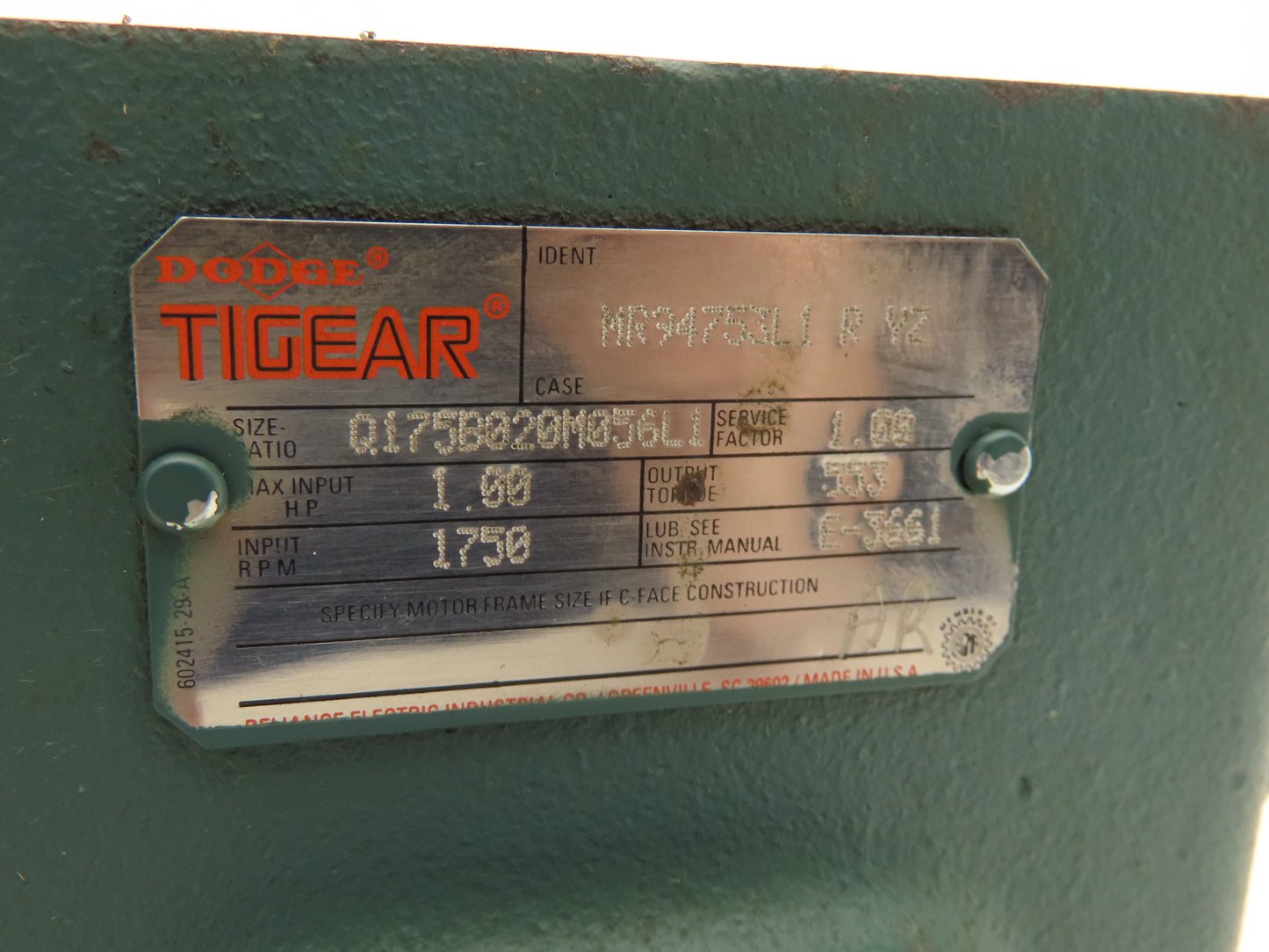 Dodge Tigear Q175B020M056L1 Worm Gearbox 20:1 Reducer 1Hp 88rpm RH 56C