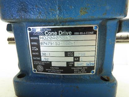 Cone Drive H020A055-5 Speed Reducer Gearbox 30:1 Ratio .92Hp 58rpm Dual Input