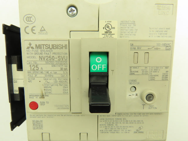 Mitsubishi Electric NV250-SVU Circuit Breaker Ground Fault 125A 100-440V Shunt