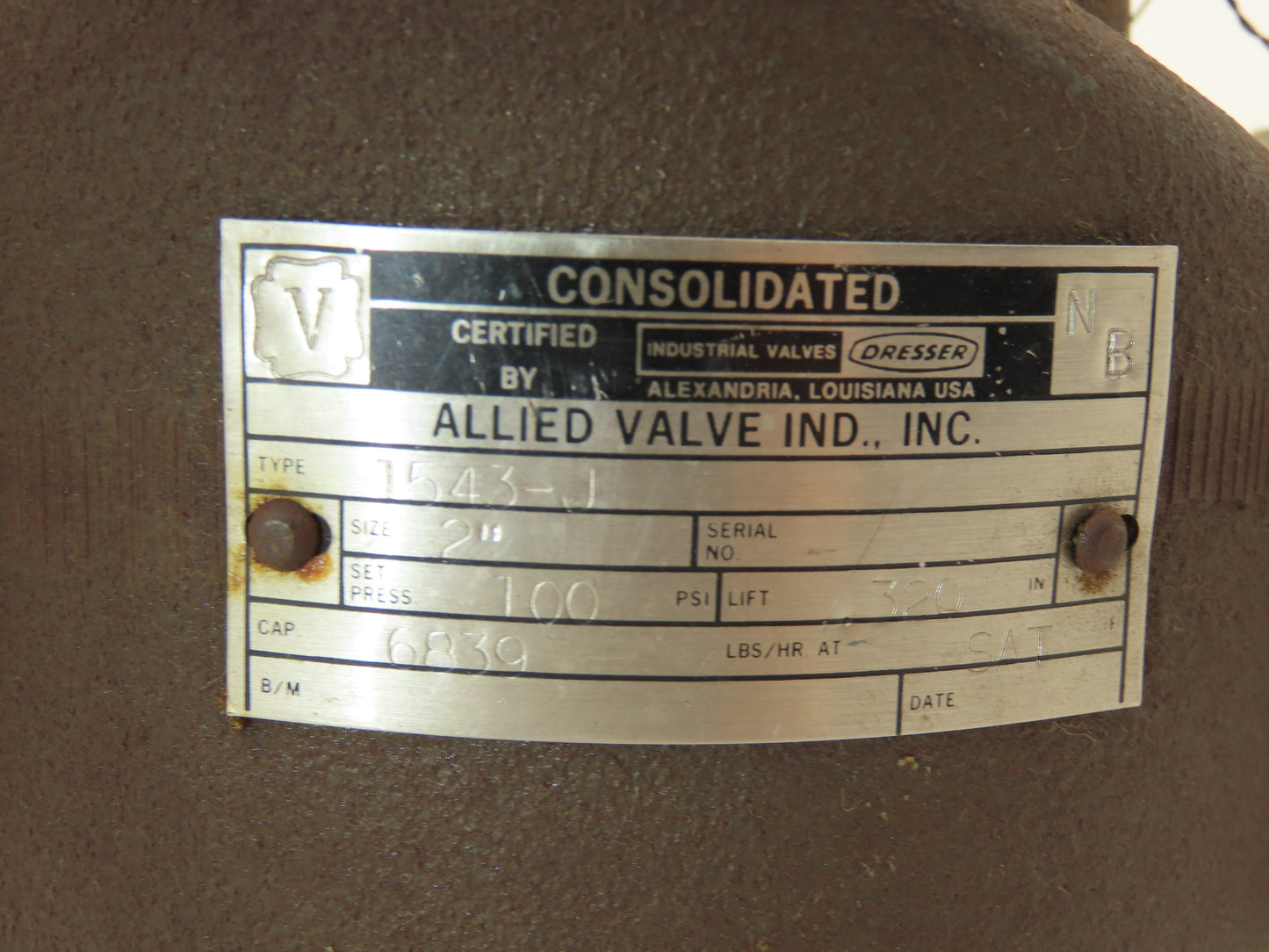 Allied Consolidated Valve 1543-J Safety Relief Valve 2"x 2.5"NPT 100psi Set