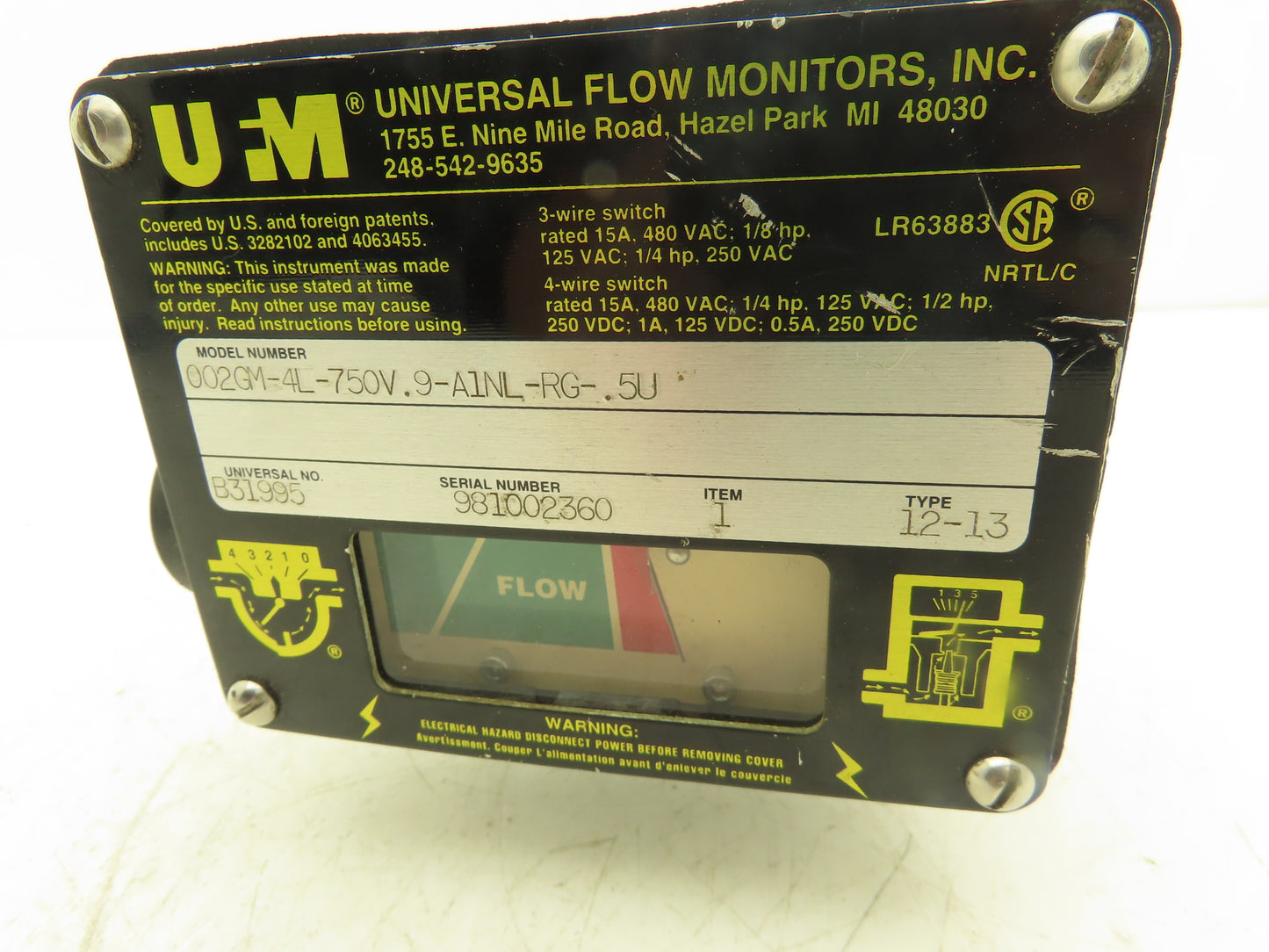 Universal Flow Monitors 002GM-4L-750V.9-A1NL-RG-.5U Flow Meter 1 GPM 1/2" NPT