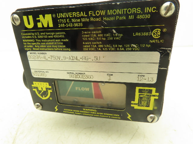 Universal Flow Monitors 002GM-4L-750V.9-A1NL-RG-.5U Flow Meter 1 GPM 1/2" NPT