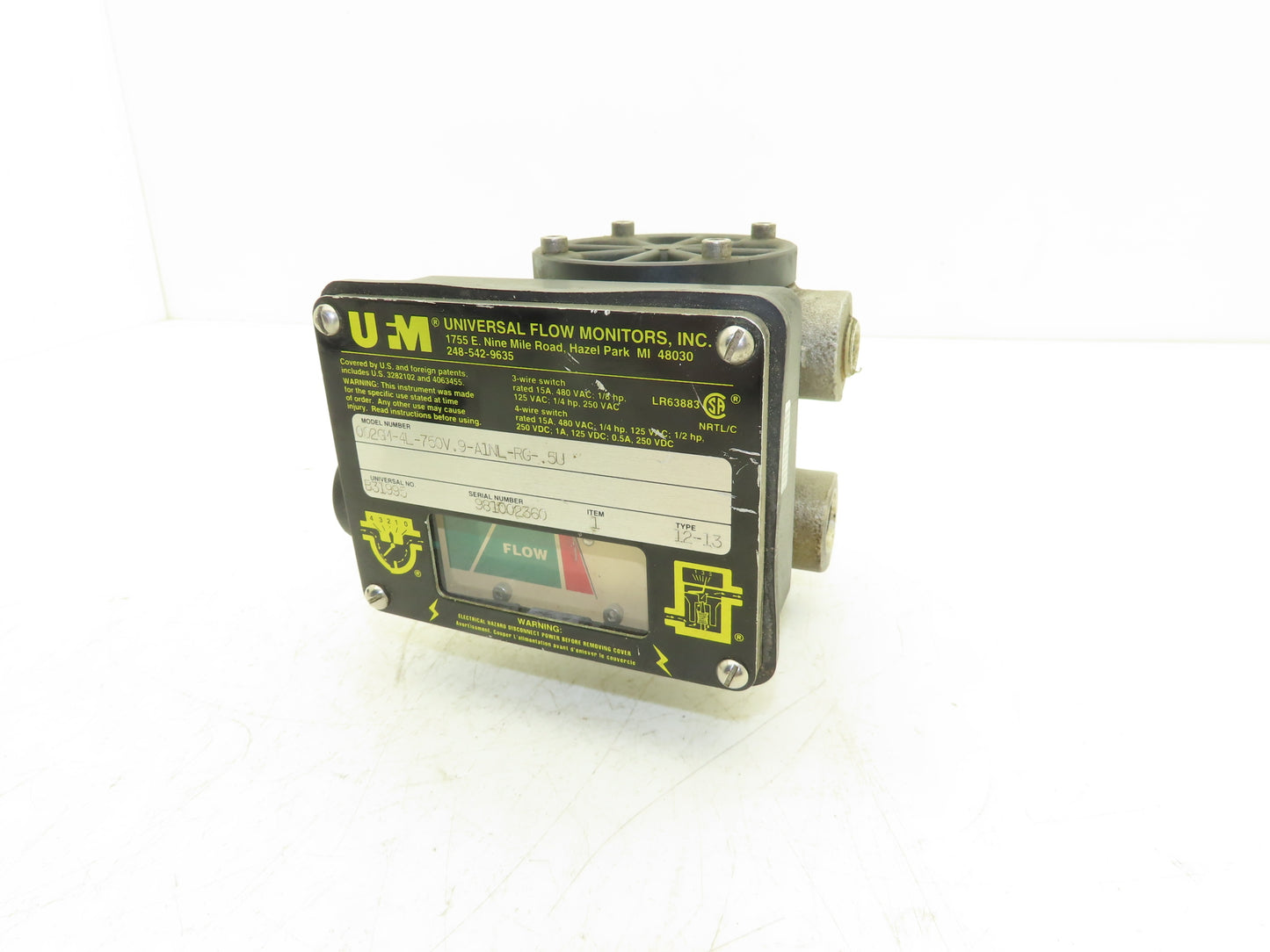 Universal Flow Monitors 002GM-4L-750V.9-A1NL-RG-.5U Flow Meter 1 GPM 1/2" NPT
