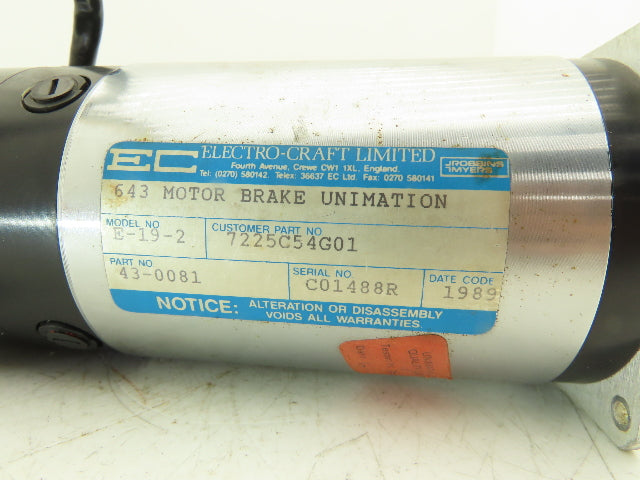 Electro-Craft E-19-2 643 Servo Motor Brake Unimation