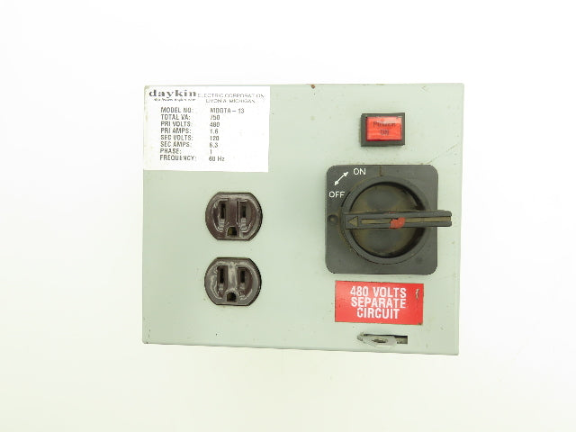 Daykin MDGTA-13 Stepdown Power Transformer 750VA HV 480 LV 120 Outlet