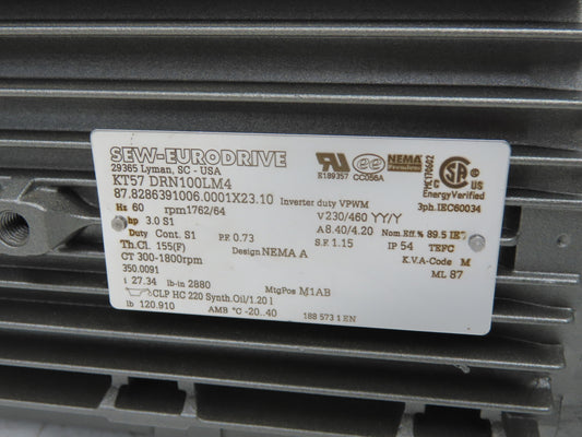 Sew Eurodrive KT57 DRN100LM4 Gearmotor 3Hp 230/460V 64rpm 27.34:1 Hollow Shaft