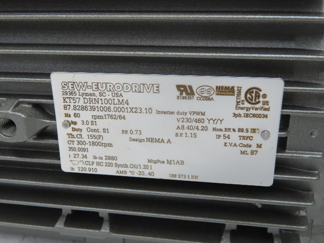 Sew Eurodrive KT57 DRN100LM4 Gearmotor 3Hp 230/460V 64rpm 27.34:1 Hollow Shaft