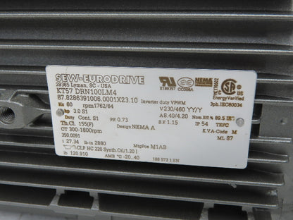 Sew Eurodrive KT57 DRN100LM4 Gearmotor 3Hp 230/460V 64rpm 27.34:1 Hollow Shaft