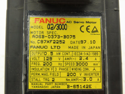 Fanuc A06B-0373-B075 AC Servo Motor 0.5kW 129v 3Ph 3000RPM Encoder A8600360T001