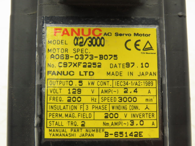 Fanuc A06B-0373-B075 AC Servo Motor 0.5kW 129v 3Ph 3000RPM Encoder A8600360T001