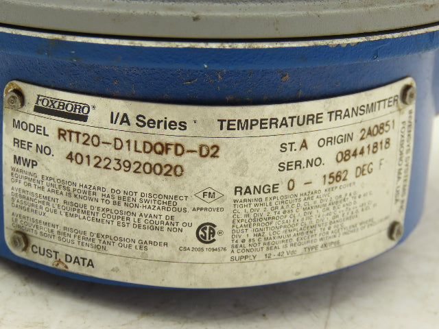 Foxboro RTT20-D1LDQFD-D2 Temperature Transmitter 12-42vdc I/A Ser 0-1562°F 3.5"