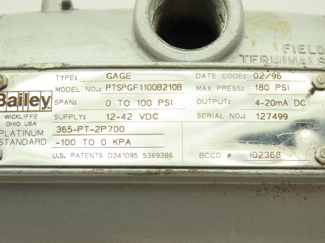 Bailey PTSPGF1100B210B Differential Pressure Transmitter 3-100 PSI 12-42VDC