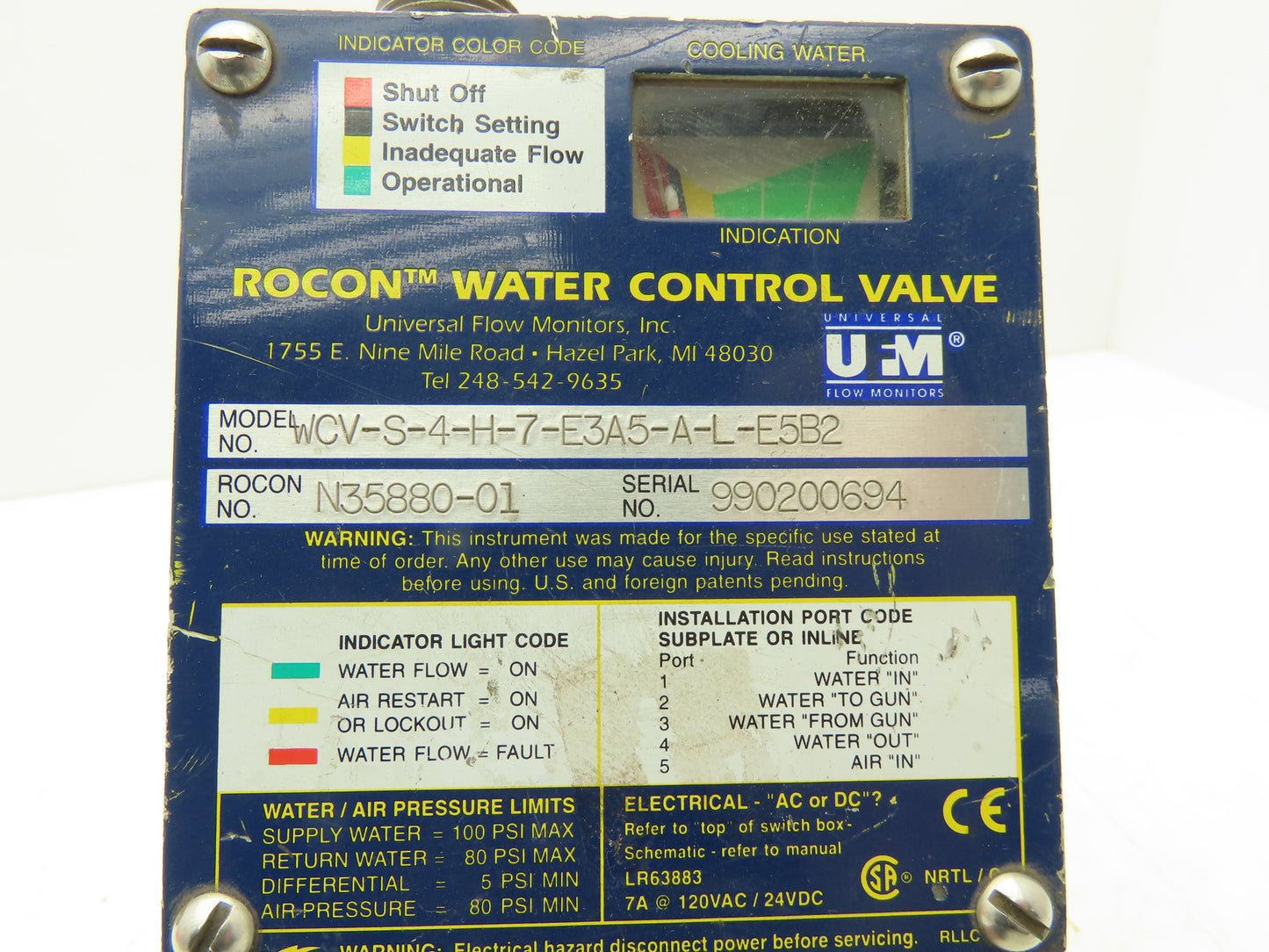 Rocon WCV-S-4--H-7-E3A5-A-L-E5B2 Water Control Valve 150PSI 120VAC N35880-01
