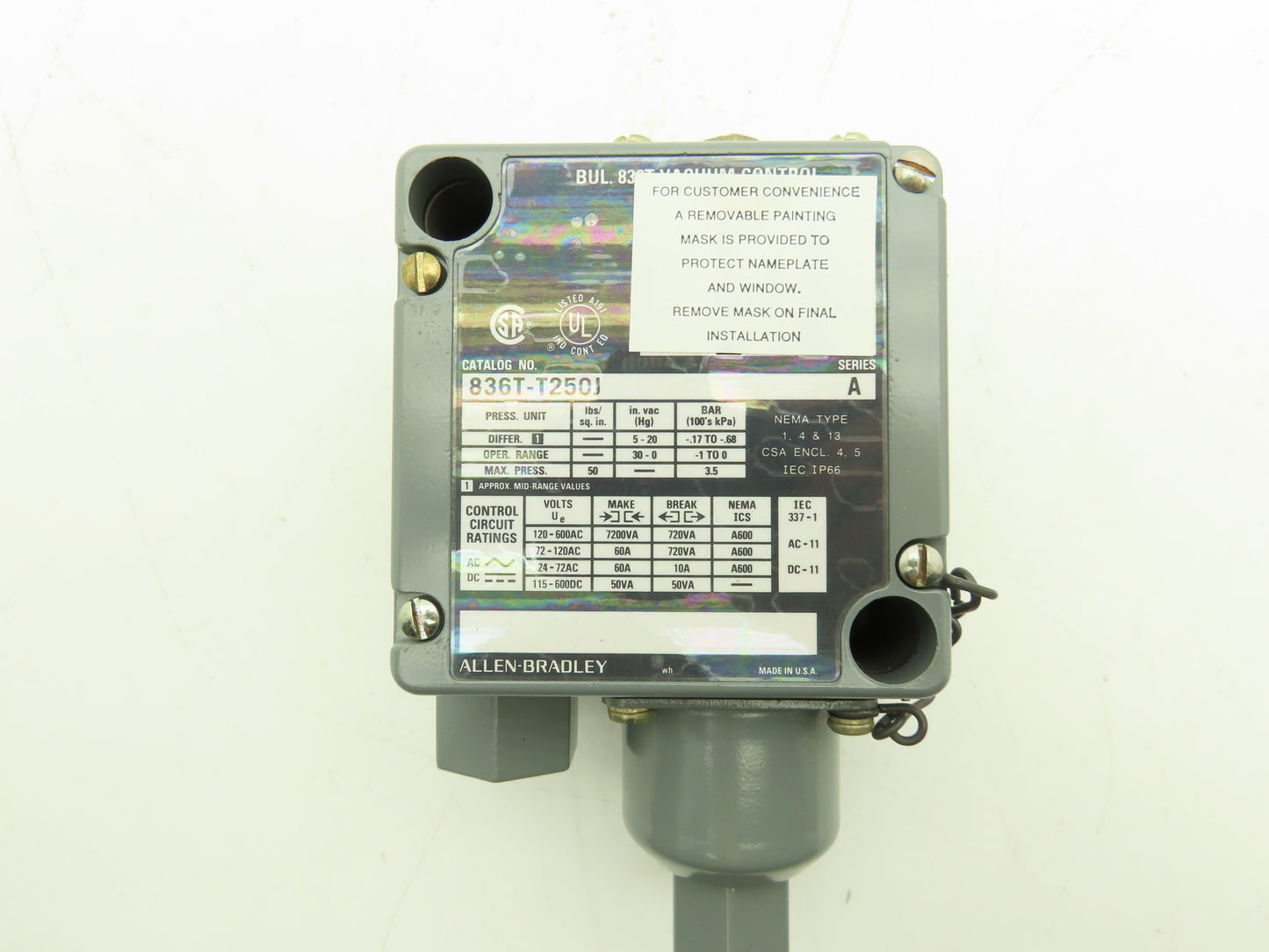 Allen Bradley 836T-T250J Pressure Control Switch 30" VAC Bulletin 836T Ser A