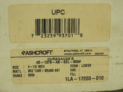 Ashcroft 45-1379-AS-02L-600# Duraguage Pressure Guage 0-600PSI 4.5" Case 1/4"NPT