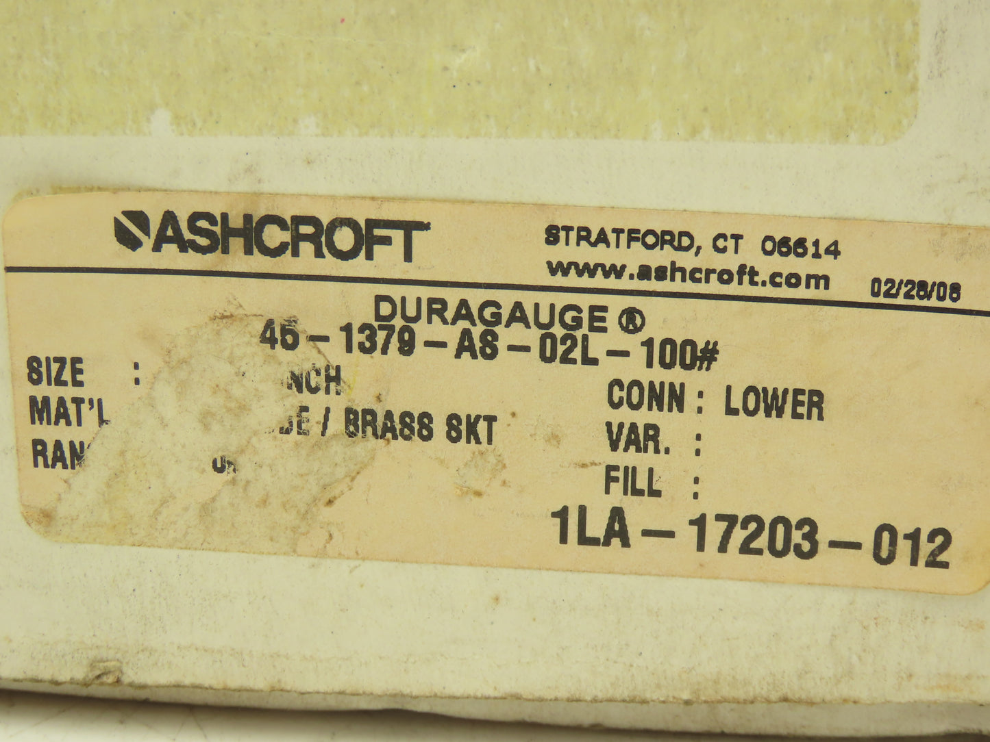 Ashcroft 45-1379-AS-02L-100# Duraguage Pressure Guage 0-100PSI 4.5" Case 1/4"NPT
