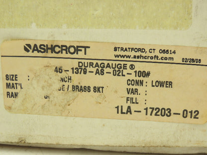 Ashcroft 45-1379-AS-02L-100# Duraguage Pressure Guage 0-100PSI 4.5" Case 1/4"NPT