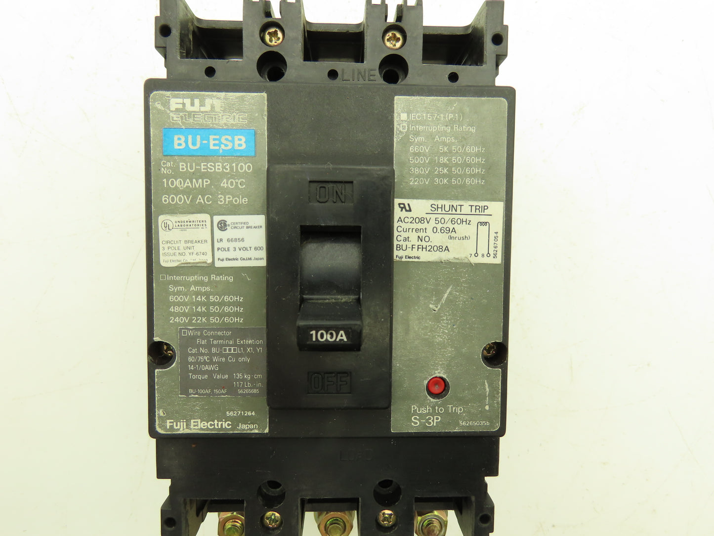 Fuji Electric BU-ESB3100 Circuit Breaker 100A 600V 3 Pole Shunt Trip