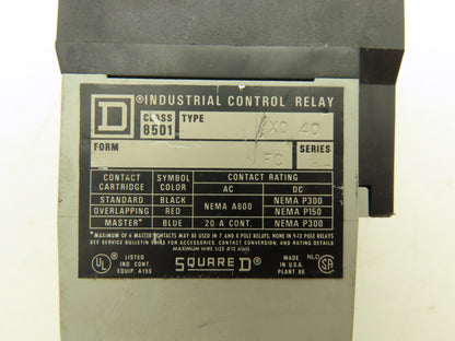 Square D 8501-XTD2 Timing Control Relay X0-40 Series A 120V Coil
