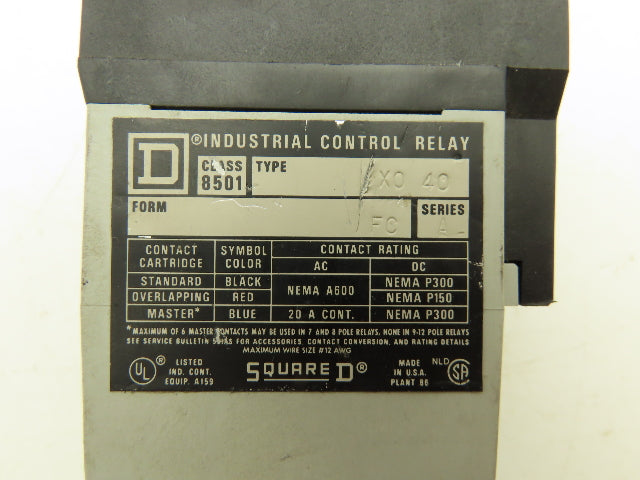 Square D 8501-XTD2 Timing Control Relay X0-40 Series A 120V Coil