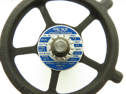 R-P&C Fig EF57D Gate Valve 1-1/4" Forged Steel Socket Weld 1975 PSI @ 100°F