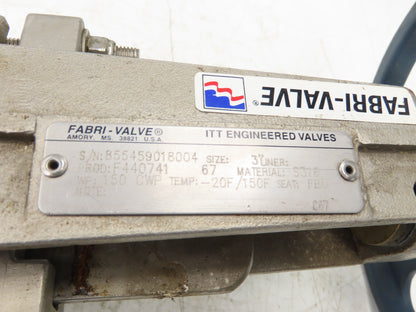 ITT Fabri-Valve C67 3" Stainless Knife Gate Valve Lug Style Rubber Seat