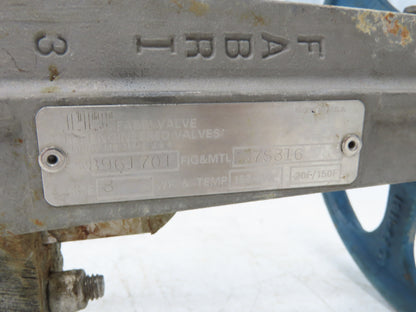 ITT Fabri-Valve C37 S316 3" Stainless Knife Gate Valve Lug Style Metal Seat