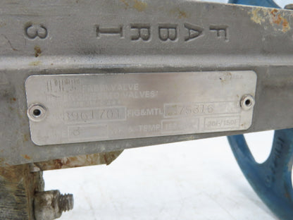 ITT Fabri-Valve C37 S316 3" Stainless Knife Gate Valve Lug Style Metal Seat