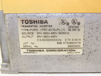 Toshiba VFS7-4015UPL Transistor Inverter AC Drive 3kVa 4Hp 460V 3PH VFS7