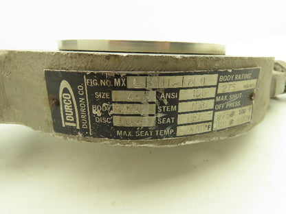 Durco MXL 111 M0 Butterfly Valve Size 4 Hand Operated 10 Position 4-150
