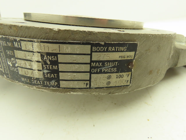 Durco MXL 111 M0 Butterfly Valve Size 4 Hand Operated 10 Position 4-150