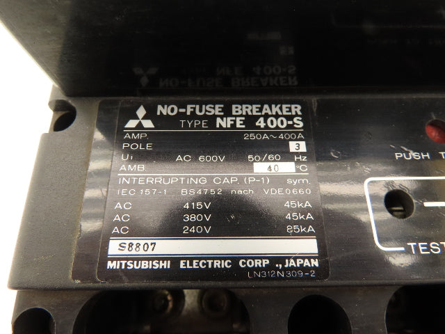 Mitsubishi Electric NFE 400S No Fuse Breaker 400A 3 Pole 600V W/120V Shunt Trip