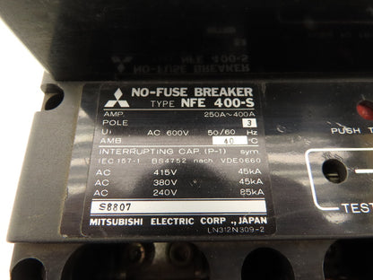 Mitsubishi Electric NFE 400S No Fuse Breaker 400A 3 Pole 600V W/120V Shunt Trip