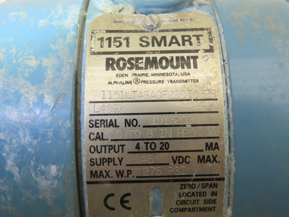 Rosemount 1151LT4SA0F22DT0828 Pressure Transmitter 45VDC 275PSI Flange Mounted