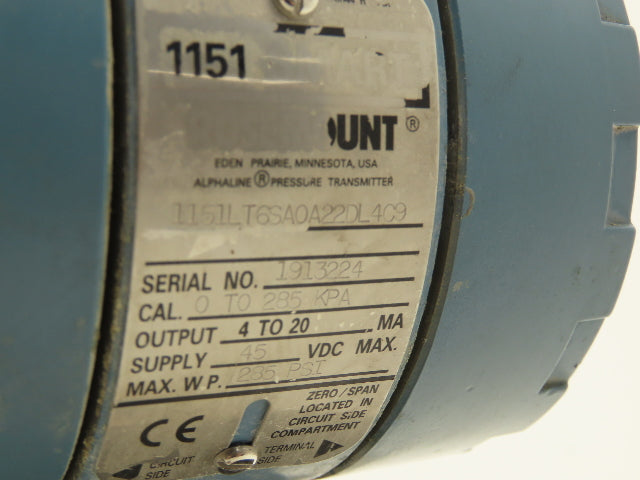 Rosemount 1151LT6SA0A22DL4C9 Pressure Transmitter 45VDC 285PSI Flange Mounted