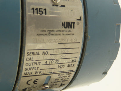 Rosemount 1151LT6SA0A22DL4C9 Pressure Transmitter 45VDC 285PSI Flange Mounted