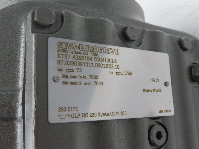 Sew Eurodrive KT67 AMS184 DRN100L4 Gearmotor 5Hp 230/460 73rpm 24:1 Hollow Shaft