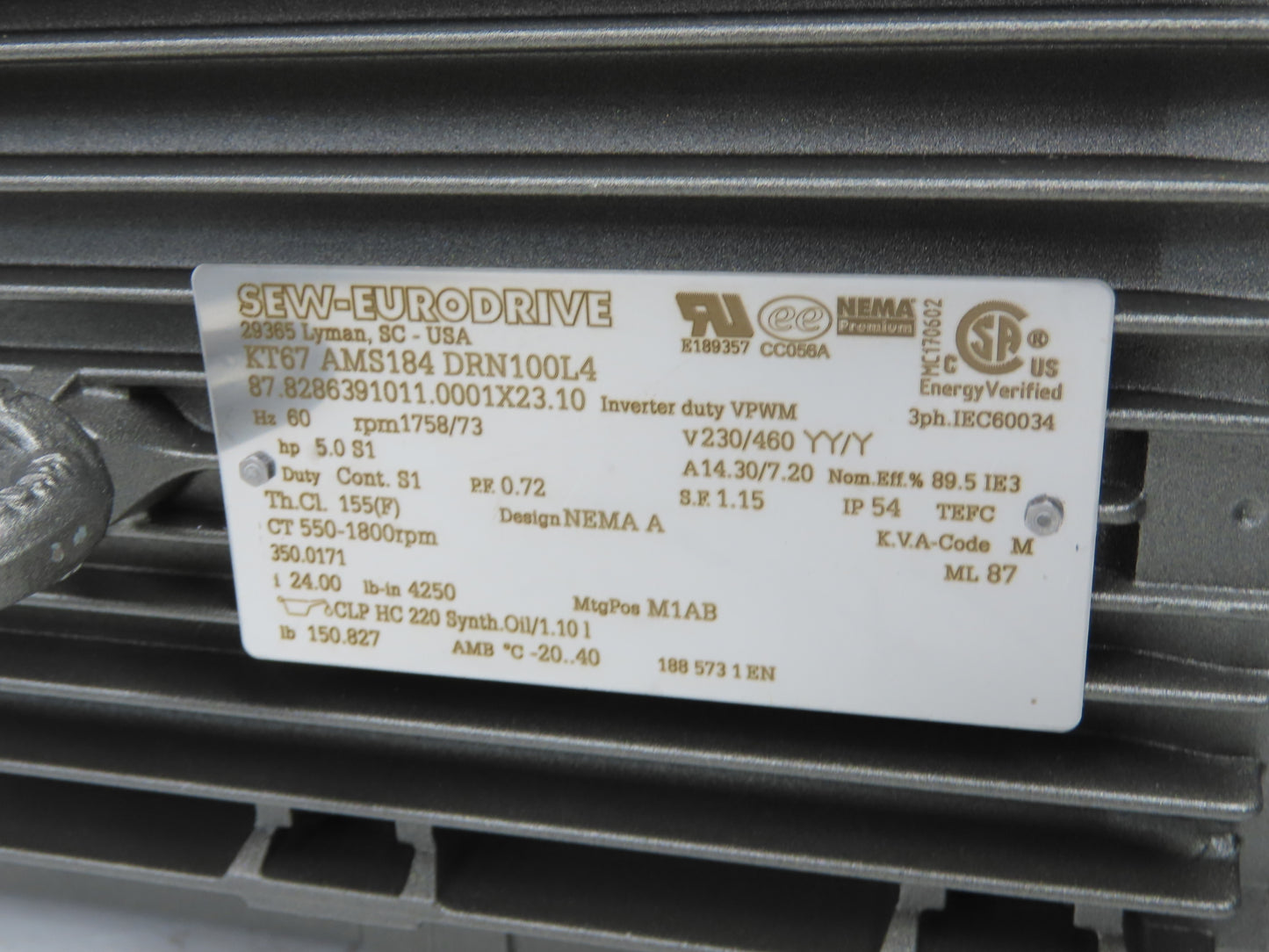 Sew Eurodrive KT67 AMS184 DRN100L4 Gearmotor 5Hp 230/460 73rpm 24:1 Hollow Shaft