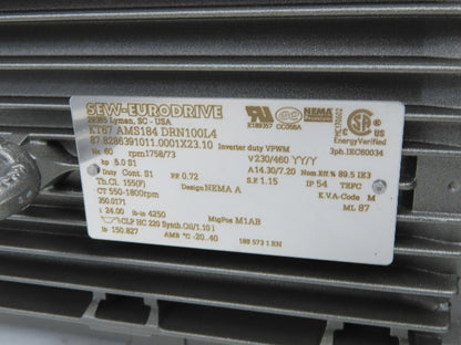 Sew Eurodrive KT67 AMS184 DRN100L4 Gearmotor 5Hp 230/460 73rpm 24:1 Hollow Shaft