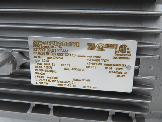 Sew Eurodrive KT77/T DRN100LM4 51:1 Gearmotor 3Hp 230/460V 34rpm Hollow Shaft