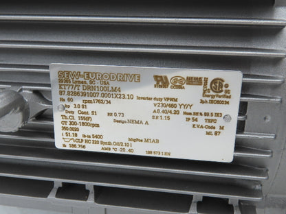Sew Eurodrive KT77/T DRN100LM4 51:1 Gearmotor 3Hp 230/460V 34rpm Hollow Shaft
