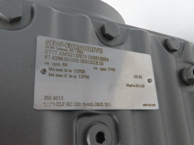Sew Eurodrive KT77 AMS213/215 DRN132S4 25.6:1 Gearmotor 7.5Hp 230/460V 3PH 69rpm